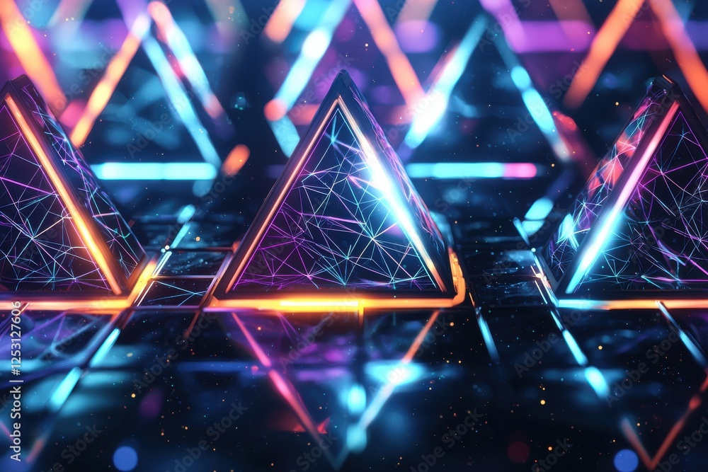 Aufkleber seamless pattern of holographic triangles on a dark surface with glowing edges in a vibrant and futu