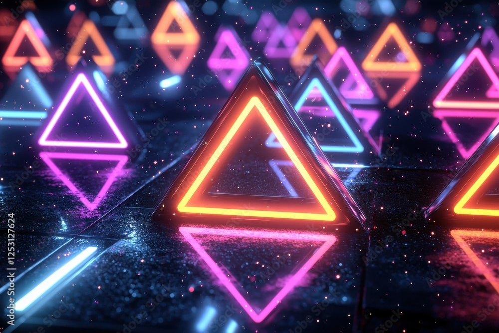 Poster dynamic seamless pattern of holographic triangles glowing on dark surface evokes a futuristic atmosp