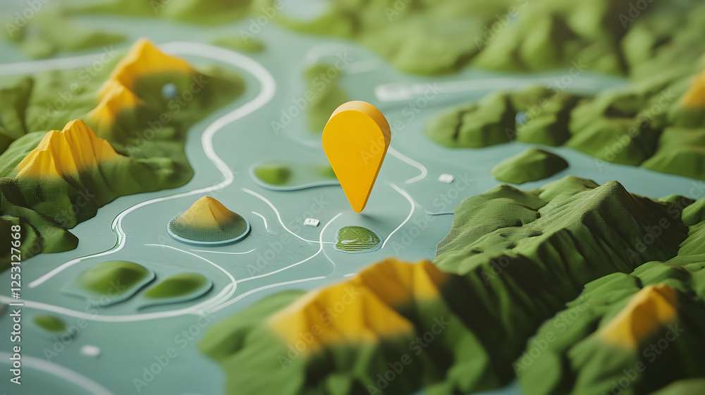Poster aerial landscape view of a mountainous terrain with navigation markers gps pins and digital cartogra