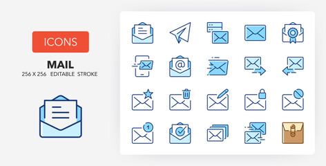 Line icons about mail amd email conceps. Contains such icons as newsletter, spam, sms and more. 256x256 Pixel Perfect editable in two colors