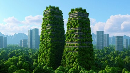 Fototapeta premium Modern Eco-Friendly Skyscrapers Surrounded by Lush Greenery