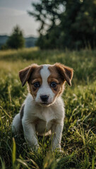 Curious puppy exploring a grassy field outdoors.