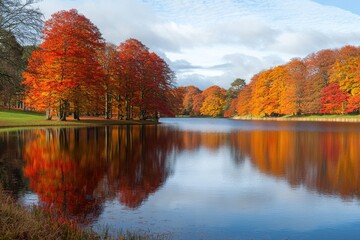 Obraz premium Serene autumn lake reflecting vibrant trees in fiery colors at midday