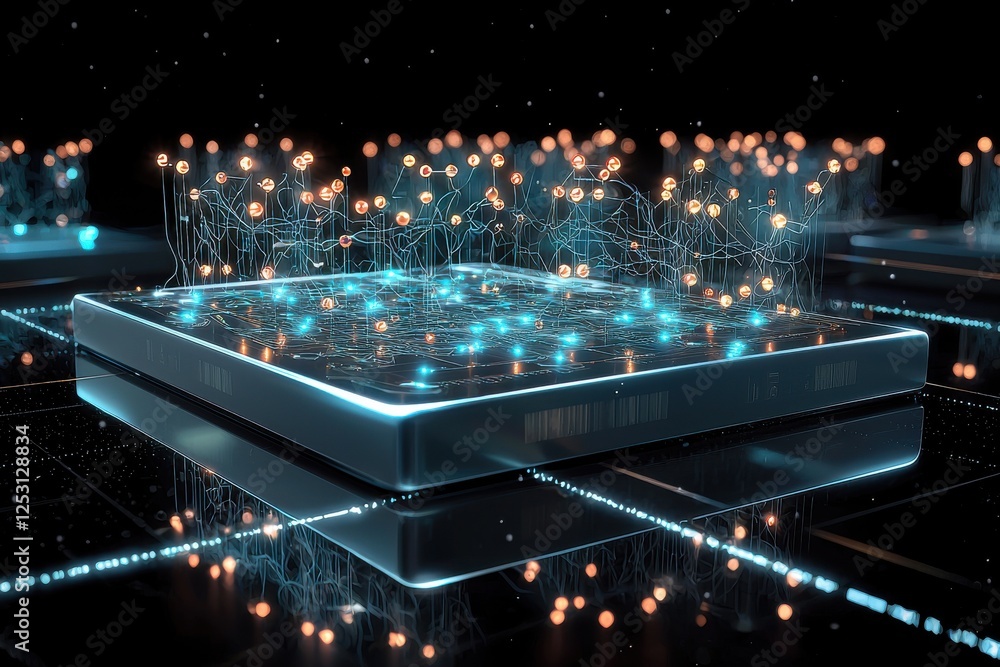Poster sleek neural interface chip connected to a dynamic holographic network of glowing nodes on a reflect