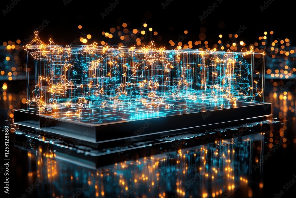 Poster innovative neural interface chip connected to a dynamic holographic network of glowing nodes on a re