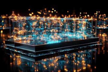 Innovative neural interface chip connected to a dynamic holographic network of glowing nodes on a reflective surface