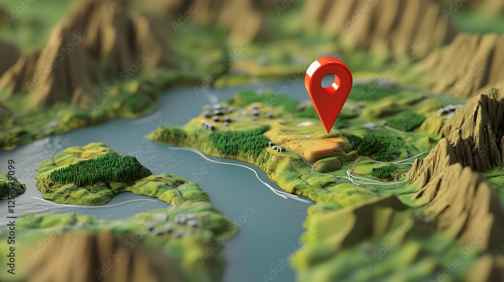 Poster aerial overhead view of a lush green and mountainous landscape with a location pin marker on a digit