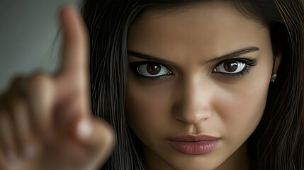 Fototapeta premium Serious young woman looking directly at the camera with a raised finger, gesturing to stop.
