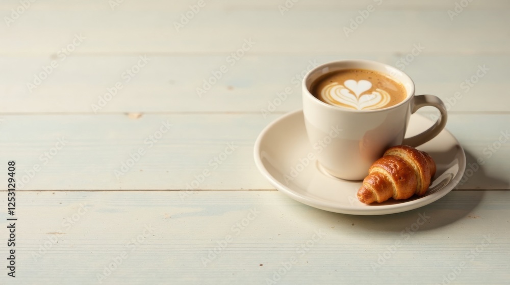 Poster aromatic coffee with delicate latte art and a buttery croissant on a rustic table