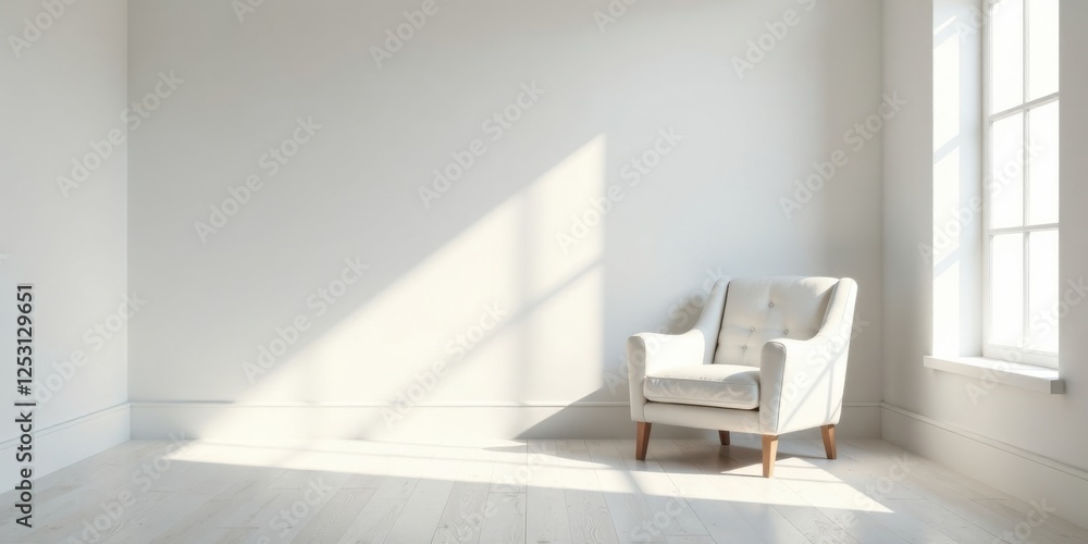 Poster a serene minimalist room features a single, elegantly upholstered armchair bathed in sunlight stream