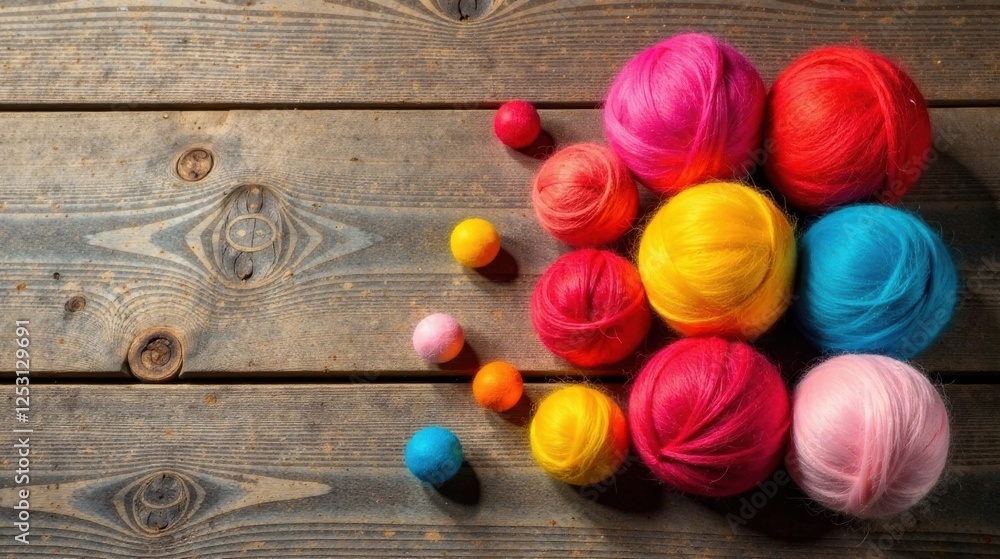 Poster a vibrant collection of colorful yarn balls and smaller pom-poms arranged on a rustic wooden surface