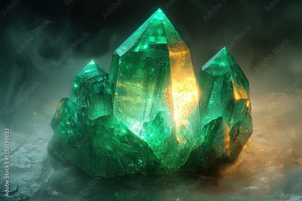 Poster surreal glowing emerald crystal with light refracting through its facets in a serene ambient setting