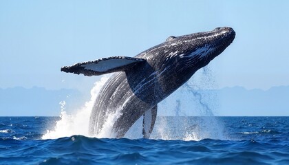 Naklejka premium Dramatic Humpback Whale Leaping Above Blue Ocean Waters