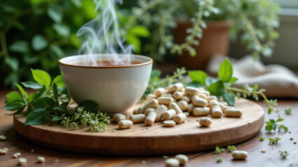 Magnesium Glycinate supplement served with a cup of hot tea, placed on a wooden cutting board with herbs on a dining table.