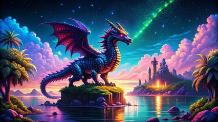 Obraz premium Retro Pixel Dragon Guarding Glowing Sci-Fi Island: Low-Light 8-bit Art