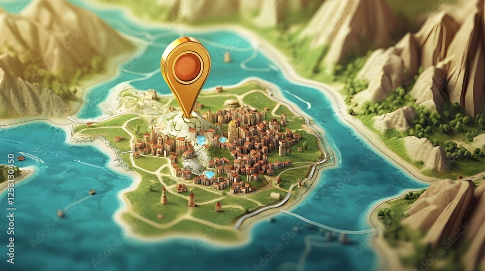 Poster aerial panoramic view of a lush tropical island with a map pin marker placed on the coastline surrou