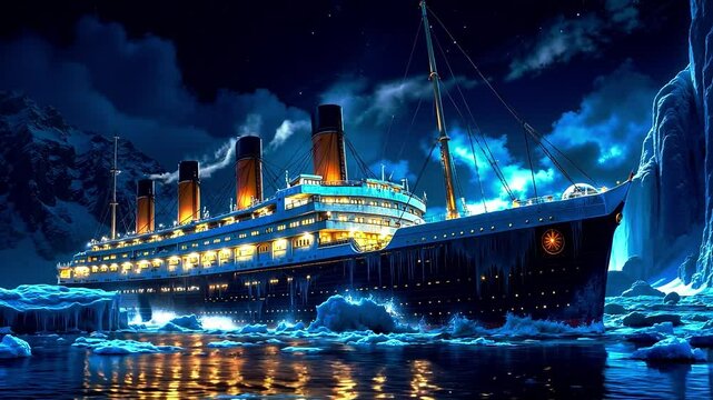 A large boat floating on top of a body of water surrounded by ice
