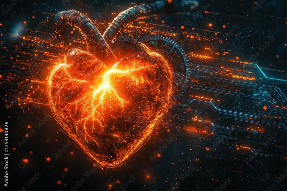 Poster Surreal blending of human heart with mechanical gears and circuits, glowing with energy in a bold futuristic display