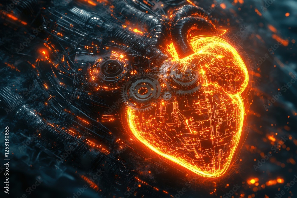 Poster surreal blend of human heart and mechanical components showcasing unity of humanity and technology i