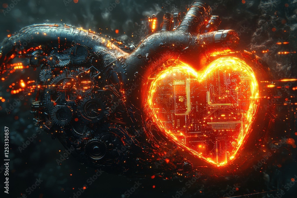 Poster surreal fusion of humanity and technology as a glowing heart merges with mechanical gears and circui