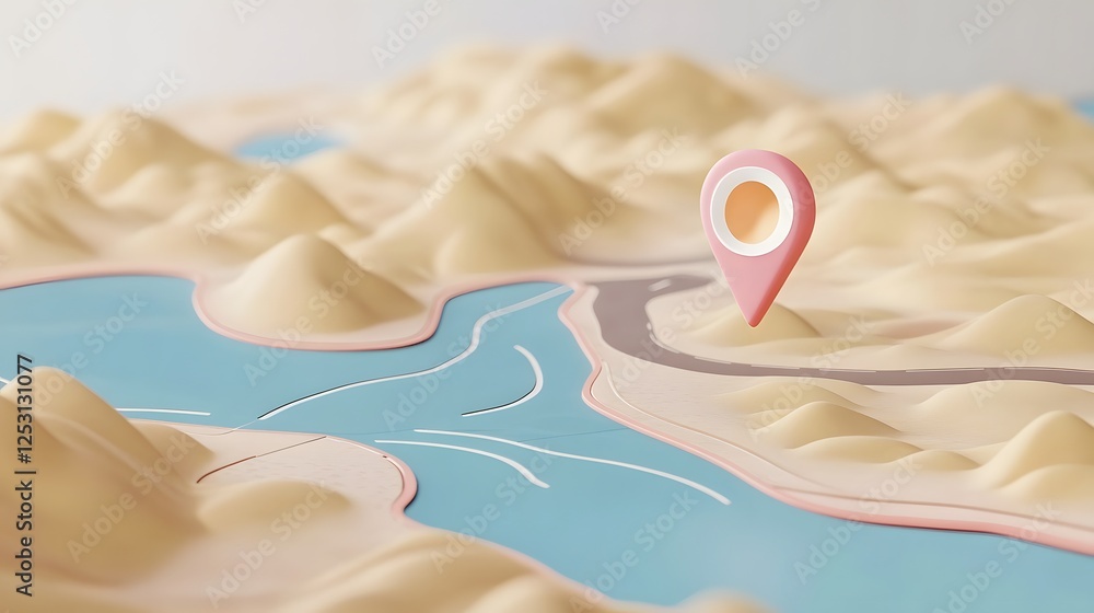 Poster aerial perspective of a dramatic and mountain landscape with a gps navigation marker pinpointing a s