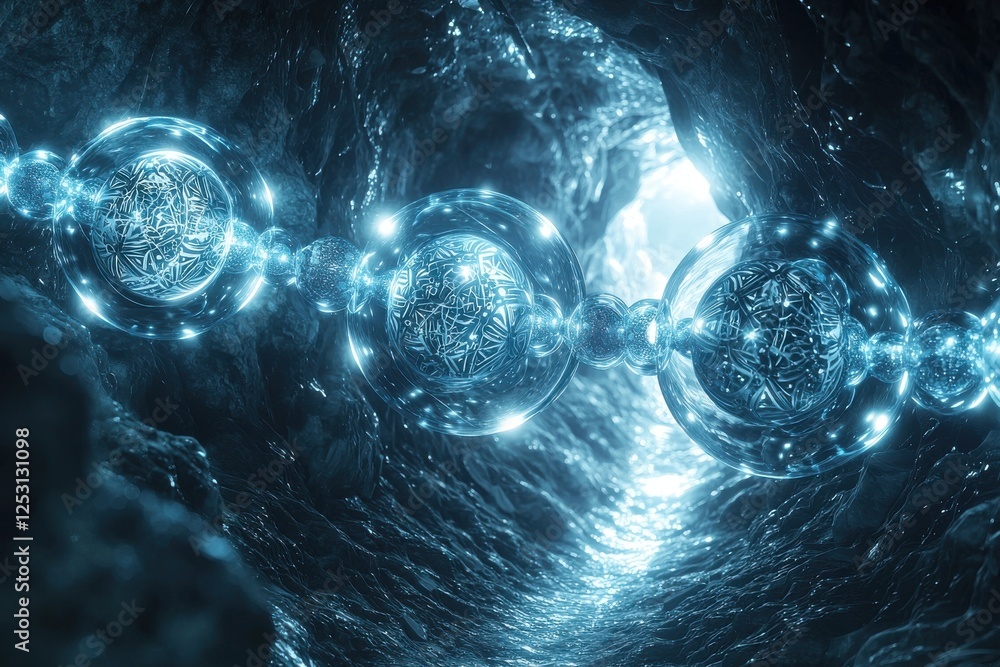 Aufkleber surreal glowing molecular chain illuminated in a dimly lit ethereal cavern with intricate patterns