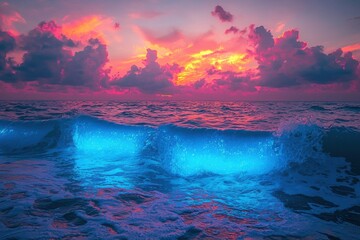 Surreal bioluminescent waves glow under a vibrant sunset sky over the tranquil ocean