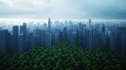 Obraz premium Urban Landscape Overlooking Lush Green Forested Area Amidst Towers