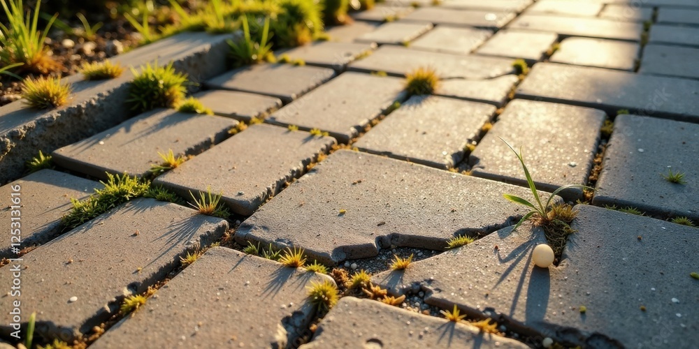 Aufkleber Sunlit Pathway with Emerging Vegetation A Detailed View of Nature's Persistence Through Urban Infrastructure