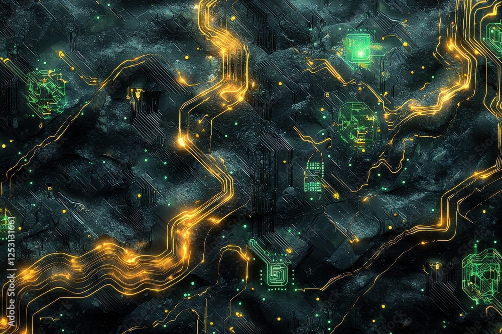 Poster surreal glowing circuit board pattern with abstract shapes in gold and green on dark textured surfac