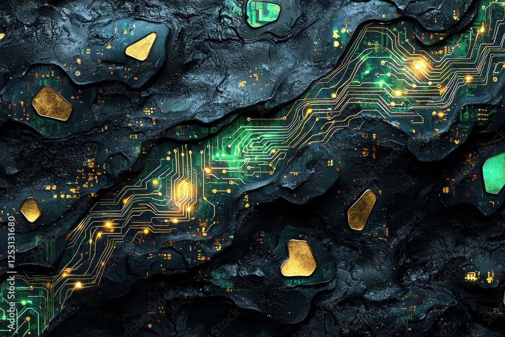Poster surreal glowing circuit board patterns interwoven with golden and green abstract shapes on dark text