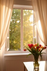 Tulips in vase by window bathed in sunlight. Open window, tree view, bright, cheerful, and inviting.