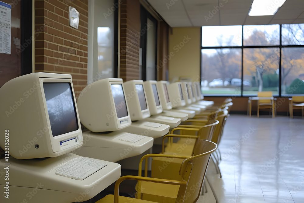 Poster retro computers in library, autumn view