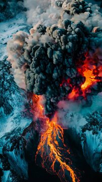 Volcanic eruption spewing bright orange lava, creating towering ash cloud over rugged terrain, revealing immense geological power