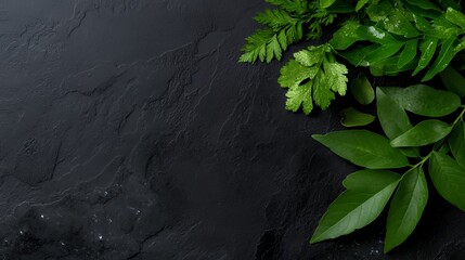 Naklejka premium Lush green leaves on dark stone, nature background, healthy lifestyle