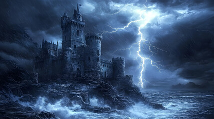 Naklejka premium An ancient castle overlooking a stormy sea. Lightning strikes the tower, illuminating the dark skies, and the howling wind echoes through the empty halls.