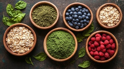 A colorful assortment of healthy ingredients in bowls, promoting nutrition and wellness.