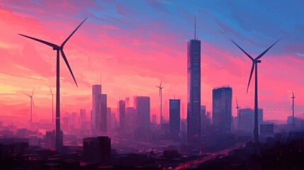 Fototapeta premium Vibrant City Skyline with Wind Turbines at Sunset in Colorful Clouds