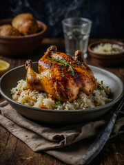 Fototapeta premium Deliciously baked Forgotten Chicken served over creamy rice for a cozy dinner