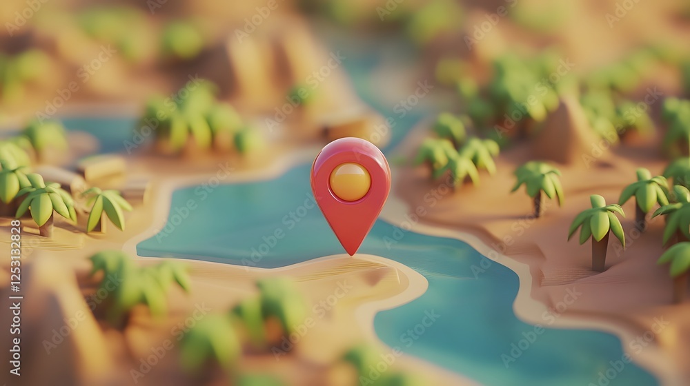 Poster aerial view of a beautiful mountainous landscape with a gps location marker pinpointed on a stylized