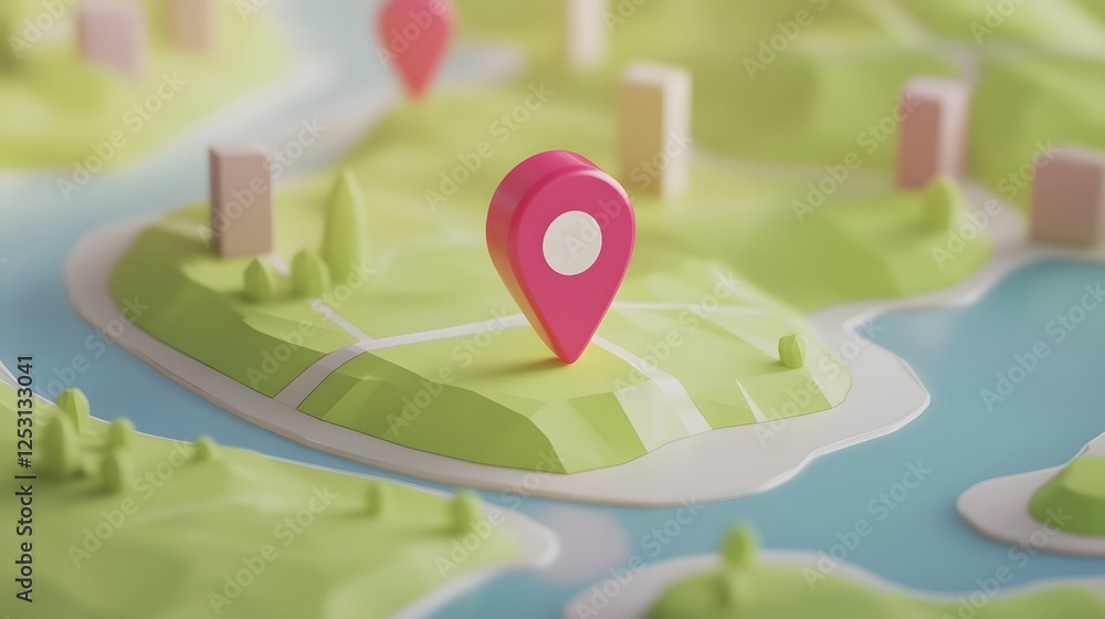 Poster Aerial view of a beautiful natural landscape with a map style layout featuring navigation markers and a central location pin or pointer suggesting adventure