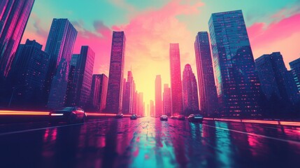 Fototapeta premium Vibrant Cityscape at Dusk with Neon Lights and Wet Streets