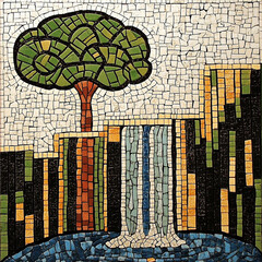 Mosaic Art Depicting Tree and Waterfall Scene in Vibrant Colors