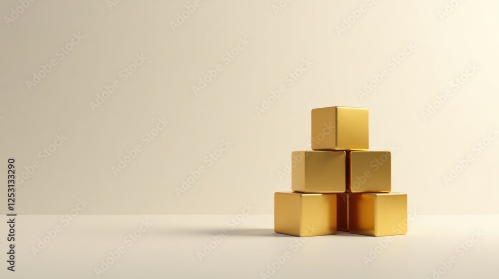 Poster golden cubes arranged in a simple pyramid shape on a neutral background