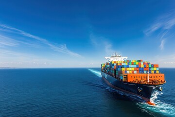 Navigating the open sea, a large container ship carries colorful cargo across vast waters under a bright blue sky. Generative AI