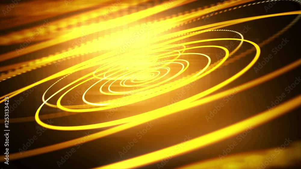 Poster futuristic golden technology background with concentric circles, lines, and a bright light, creating