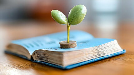 Plant sprouting from coins on open book; growth, finance, knowledge
