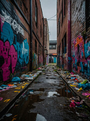 Fototapeta premium Derelict urban alleyway littered with debris and colorful graffiti art in a gloomy setting.