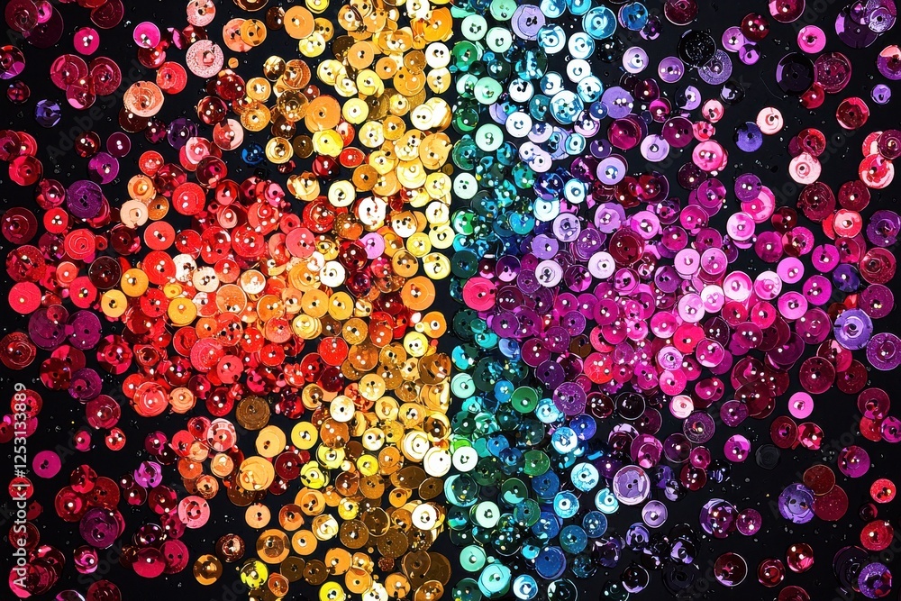 Poster vibrant sequin pattern creating a dazzling display of rainbow colors on a black background for festi