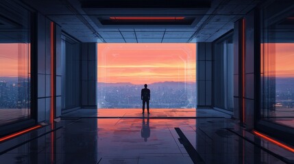Futuristic Interior with Silhouette Against Vibrant Sunset Skyline